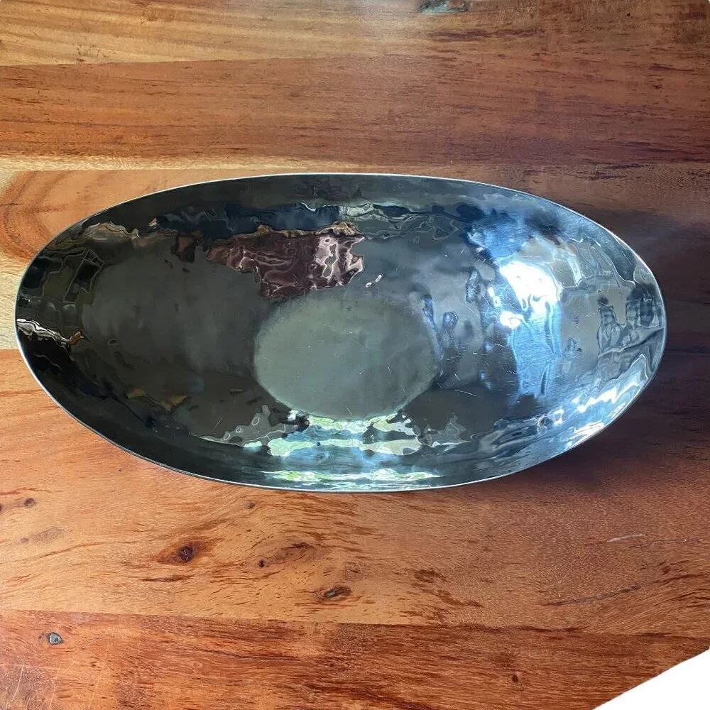 Mary Jurek Large Bowl MJ Hammered Oval Metal Fruit Salad Modern Serving Piece